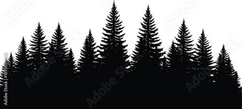Pine forest silhouette, evergreen trees landscape, dark woodland skyline, black nature background illustration