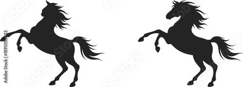 Rearing horse silhouette pair, wild stallion poses, powerful equine animal illustration isolated black vector