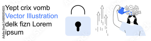 Cybersecurity, personal growth, creativity, innovation, data encryption, information safety. A padlock icon alongside a person nurturing ideas. Cybersecurity and personal growth conceptual