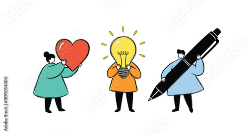 Three cartoon people holding heart lightbulb and pen symbolizing creativity and ideas