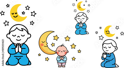 Cute illustrated children dressed in blue pajamas kneeling in prayer or meditation under a starry night sky with crescent moons above them.