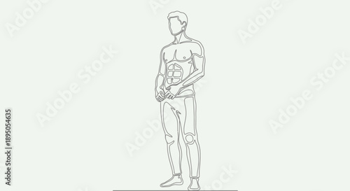 Man standing with defined abs and muscular physique line art.