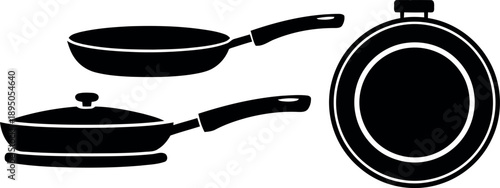Kitchen Cookware Vector Icons: Frying Pans and Lidded Pot Silhouettes