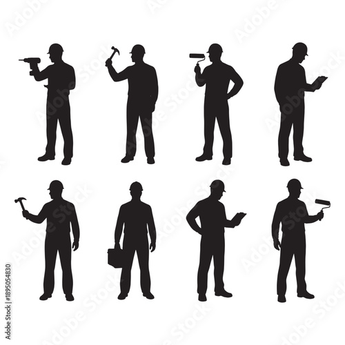 Construction Worker Silhouettes Set with Tools