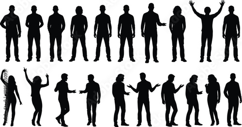 Set of black silhouettes showing diverse people in various standing poses, walking, talking, gesturing, celebrating, and communicating on white background.