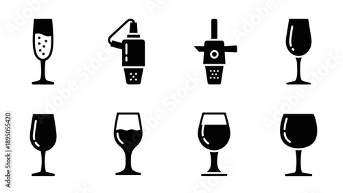 Elegant glass icon set featuring wine, champagne, and cocktails in minimalist black silhouette style