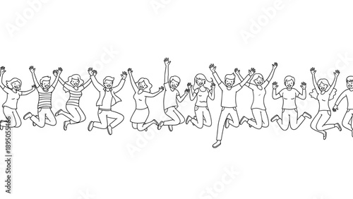 Group of happy people jumping in line art style