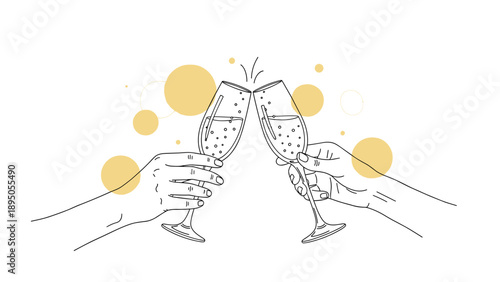 Hand drawn toasting champagne glasses with bubbles and sparkles celebration