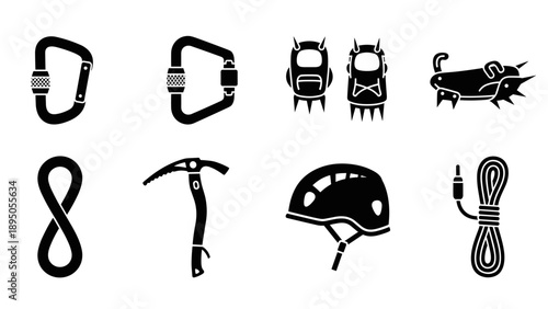 Silhouette icons of climbing gear: carabiner, crampons, ice axe, helmet, and more