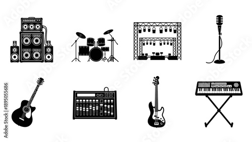 Silhouette musical instruments and stage icons for event designs