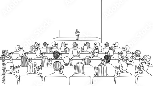 Business conference with speaker and audience in linear style auditorium