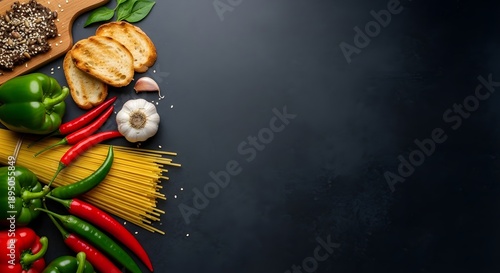 Spaghetti pasta bell peppers chili peppers garlic and toasted bread on dark background uncooked pasta