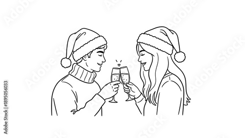 Festive celebration: couple toasting with santa hats in simple line art style