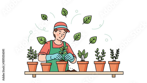Gardener planting seedlings in pots on a shelf