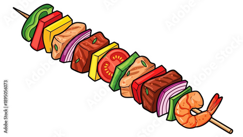 Colorful food skewer with meat, shrimp, and vegetables
