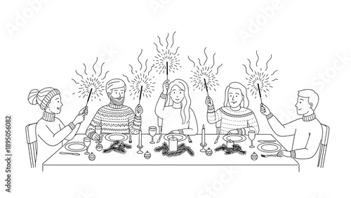 Festive celebration line art with people holding sparklers at holiday dinner