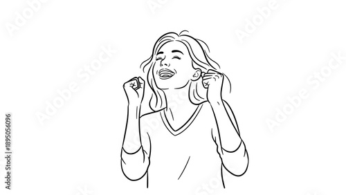 Expressive linear drawing of joyful person celebrating success with cheerful expression