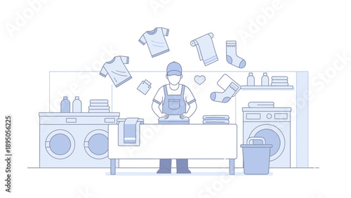 Person doing laundry and folding clothes in a laundromat.