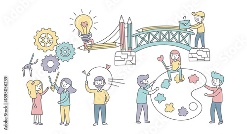 Creative people building bridge with lightbulb gears and paint palette