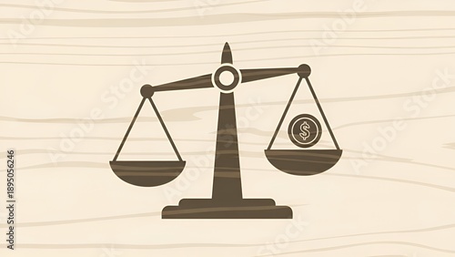 Wooden background with scales of justice and coin illustration