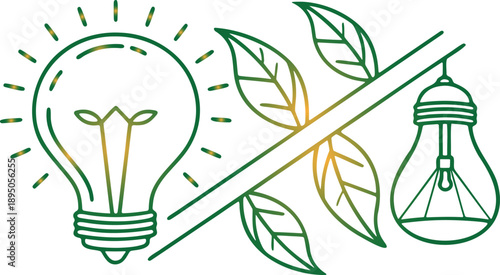 Eco friendly light bulb with green leaves and yellow gradient lines isolated on transparent background for energy saving concept