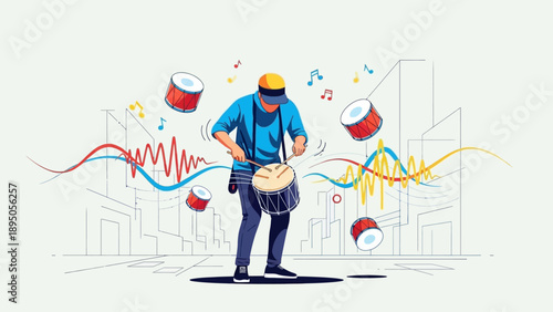 Energetic Street Drummer Performance with Abstract Sound Waves