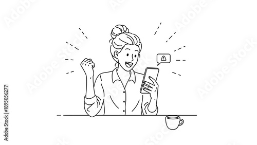 Excited woman checking phone notification with coffee in black and white line art