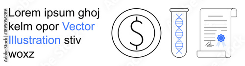 Finance, science, legal documentation, economic transactions, research, authentication. Dollar symbol, DNA strand official document with seal. Finance and legal documentation concepts