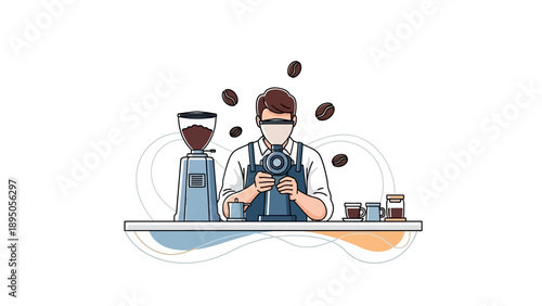 Barista preparing coffee with a grinder in a modern illustration.