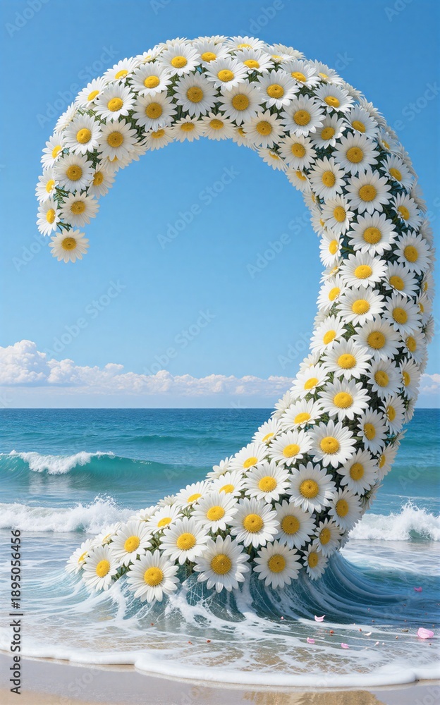 Fototapeta premium Daisy wave curls in ocean, sky backdrop. Bright flowers form natural arch over turquoise waters.