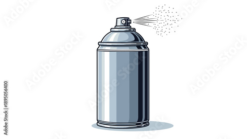 A silver spray can ejecting droplets.