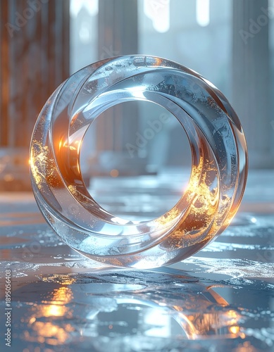 Abstract Glass Ring with Fiery Reflections on a Wet Surface.