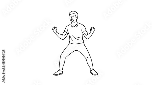 Dynamic line art of a man celebrating with joyful expression and raised fists