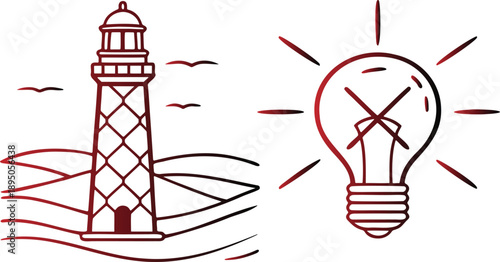 Line art illustration of lighthouse on rocky shore with waves and seagulls next to broken light bulb on transparent background
