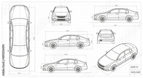 Automobile Blueprint Technical Drawing and Schematics.
