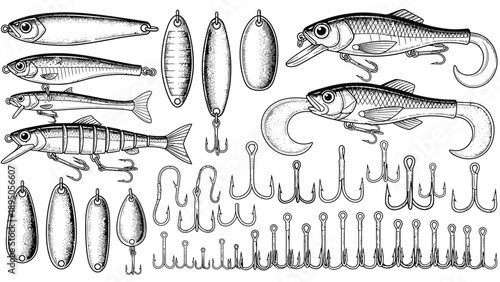 Collection of fishing lures and hooks in black and white.
