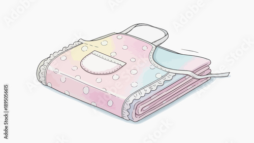 A neatly folded fabric apron with polka dots and ruffles.