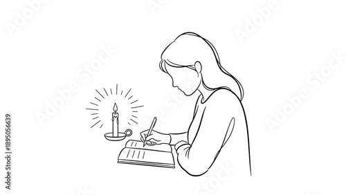 Minimalist line art of woman writing by candlelight