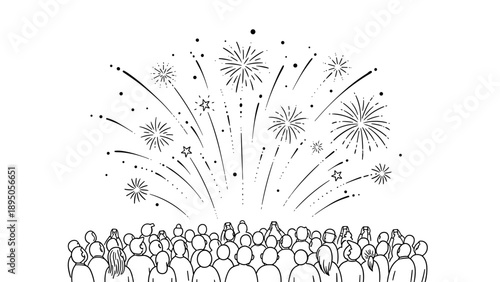 Crowd enjoying fireworks display in minimalist line art style
