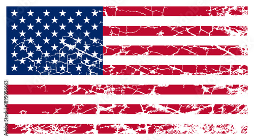 Collection of distressed USA flag illustrations featuring various weathered effects cracked paint, scratches, peeling edges, and grainy noise. Vector patriotic symbols set on transparent background.