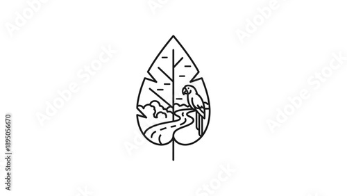 Minimalist line art illustration of a jungle landscape with a parrot inside a tropical leaf.