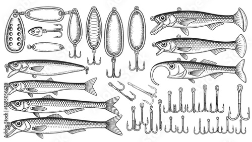 Fishing tackle set with vintage lures, baits, and hooks.