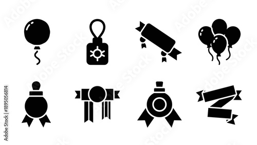 Celebration icons: balloons, ribbons, and awards in bold silhouettes