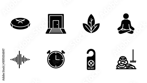 Essential icons for wellness and hospitality: yoga, nature, and relaxation