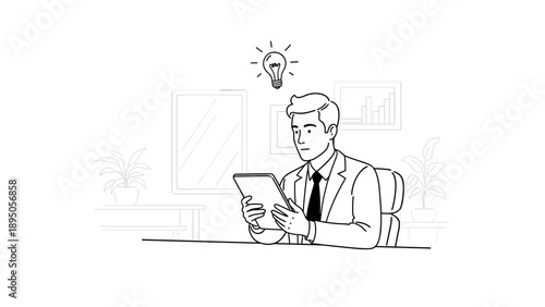 Businessman with tablet and idea inspiration in modern office setting