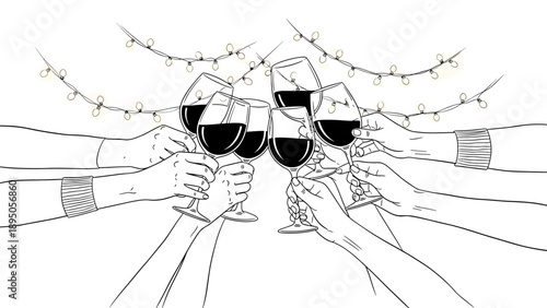 Cheers celebration with wine glasses and festive lights in linear style