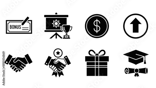 Business icon set: bonus, award, finance, growth, partnership, graduation