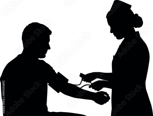 Nurse Measuring Patient Blood Pressure Silhouette; Sphygmomanometer Check-up, Medical Healthcare Professional, Clinical Hypertension Screening, Nursing Care Graphic.