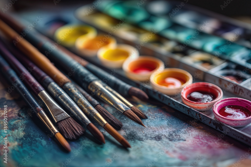 Fototapeta premium Hobby Art Vibrant Watercolor Paints and Brushes on Artistic Palette for Creative