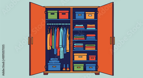 Vector illustration of an open wardrobe filled with clothes and boxes